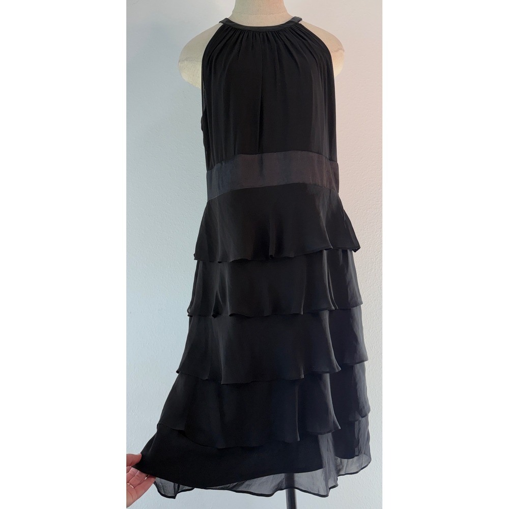 Vintage 90s Jones New York Black Ruffle Tiered Cocktail Dress Halter Neck 12